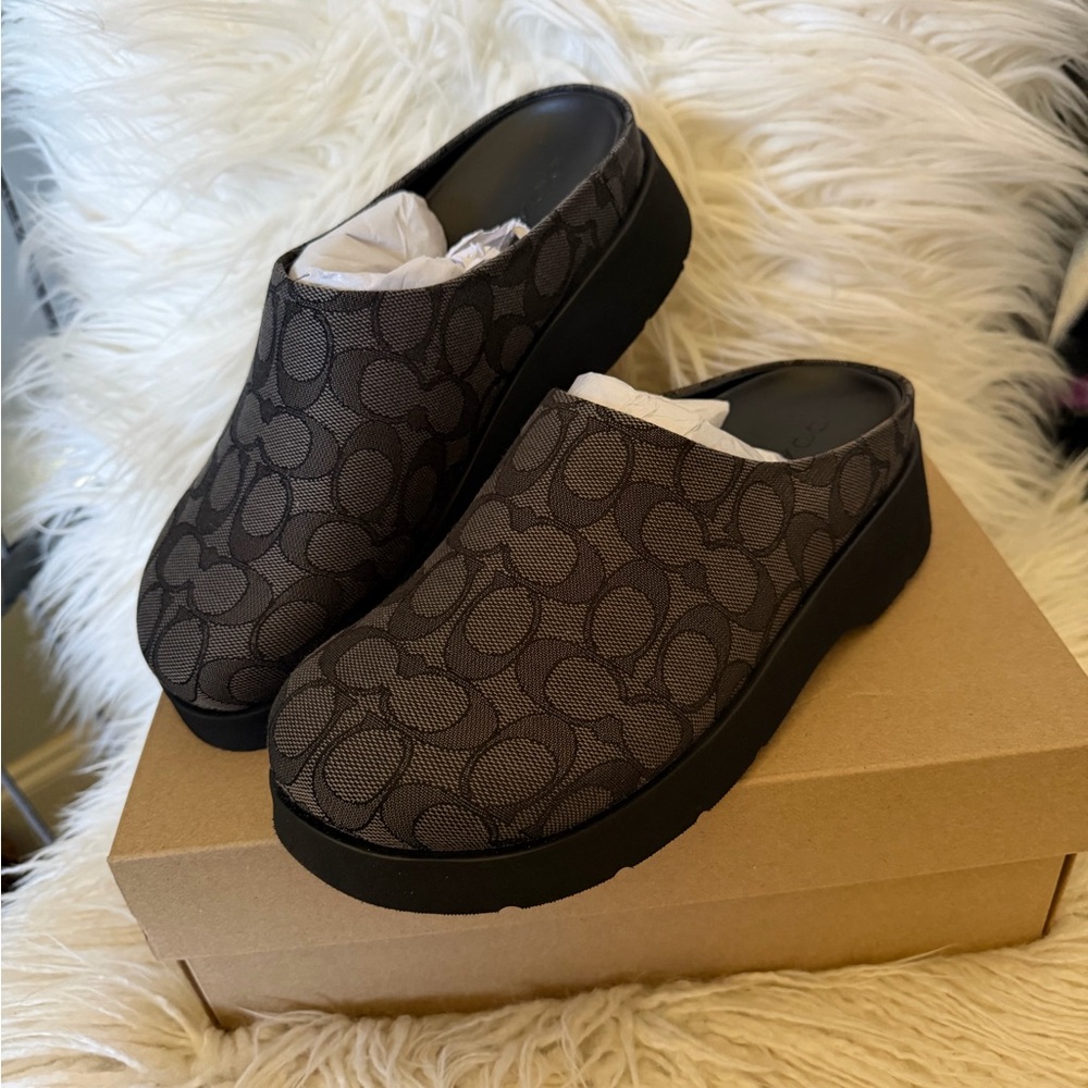 Coach Dark Brown/Black Signature Canvas Clog Mules